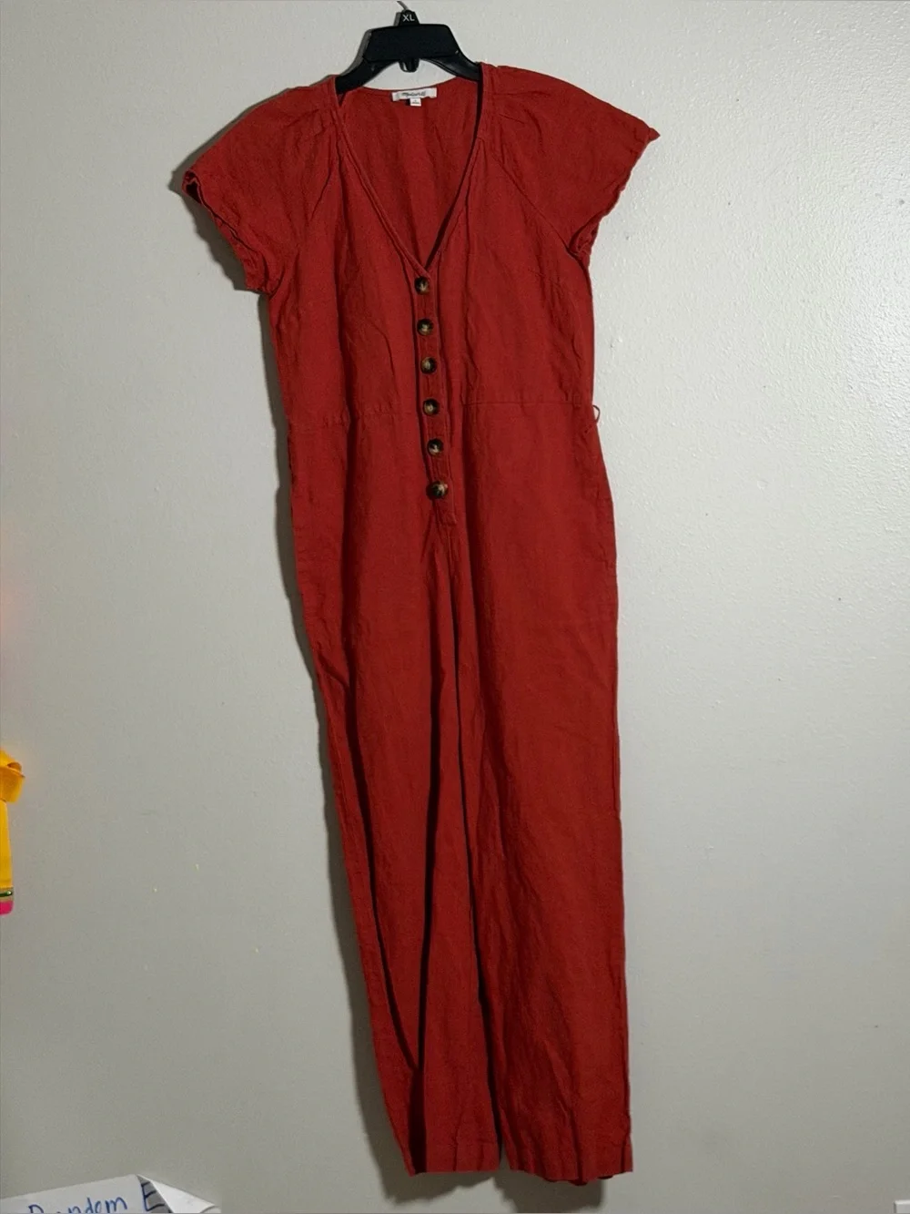 Madewell Women Linen-Cotton Button Front Pleat Sleeve Jumpsuit Orange/Red size 0